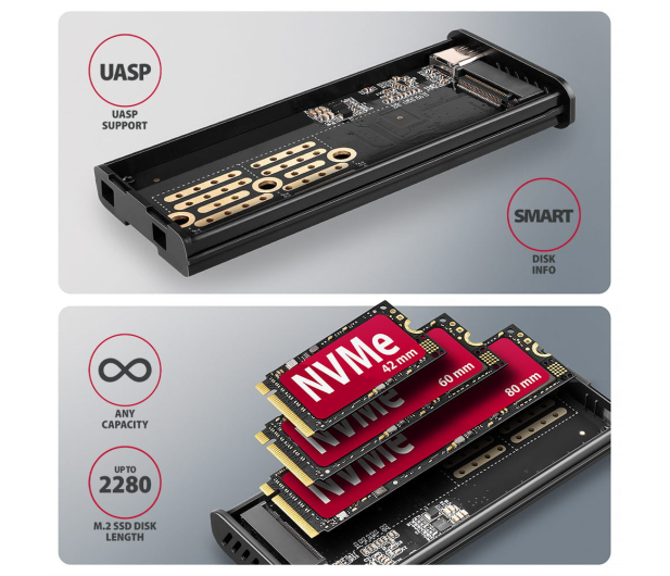 Axagon EEM2-SD2 USB-C 10Gbps - M.2 NVMe & SATA SSD bezśrubowa, ekra - 1485447 - zdjęcie 5